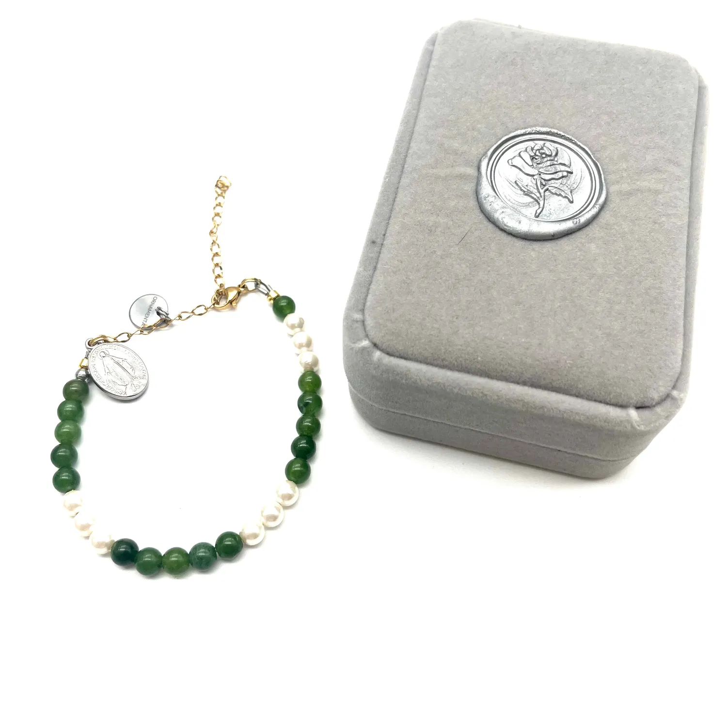 Ornamenta Mariae Spes Bracciale Agata Verde e Perle 18-24 cm