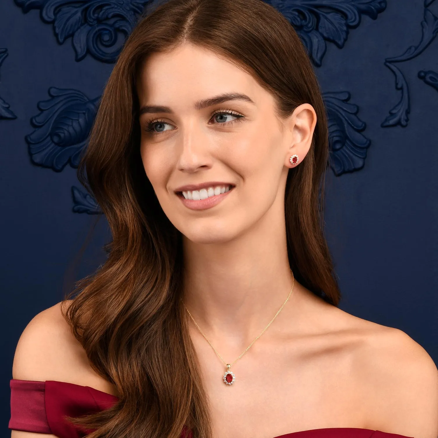 Diamond Treats Collana Ovale Oro-Rosso Zirconi Pietra Rossa
