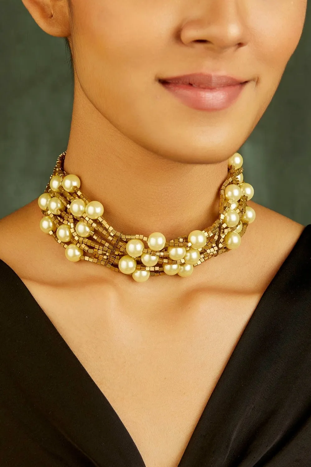 House of Tuhina Pearl Bead Choker girocollo perle oro