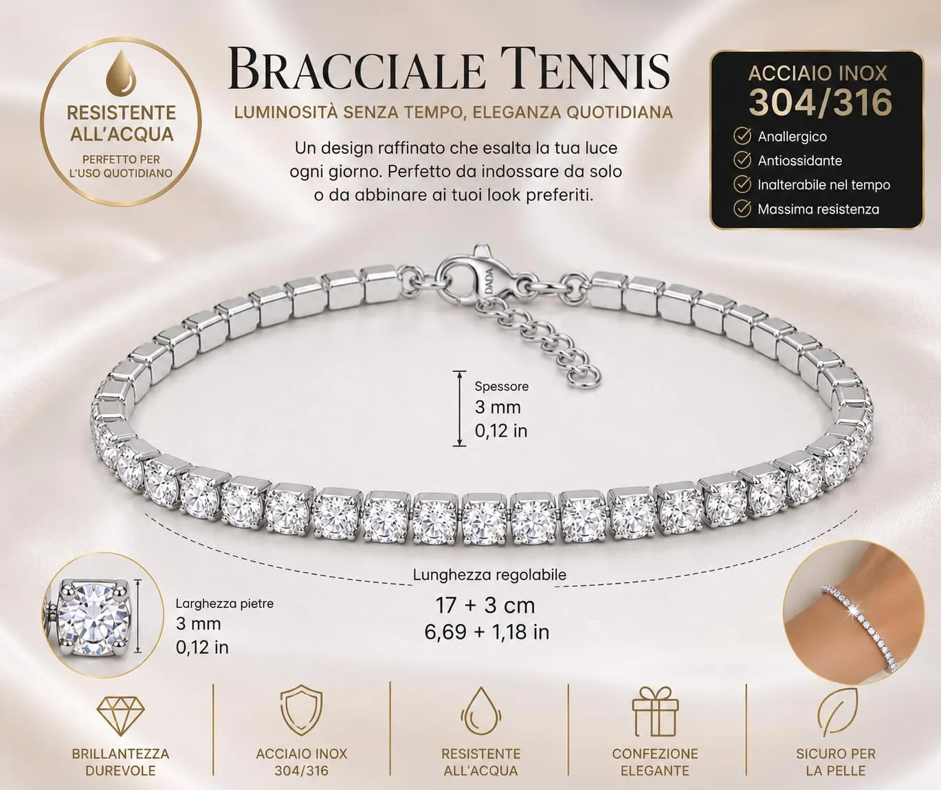 Dada Gioielli Bracciale Tennis Acciaio Zircone Bianco 3mm