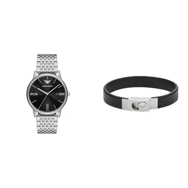 Emporio Armani Set Uomo Orologio Acciaio Bracciale Pelle Nera