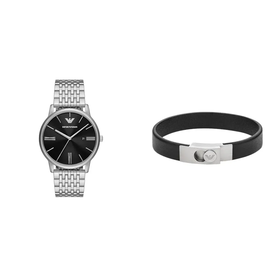 Emporio Armani Set Uomo Orologio Acciaio Bracciale Pelle Nera