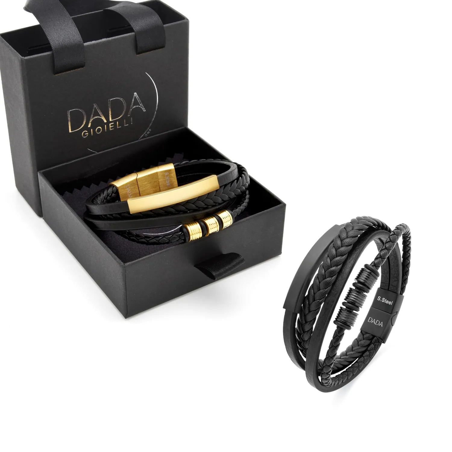 Dada Gioielli Bracciale Uomo Pelle Acciaio Oro