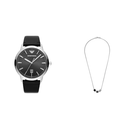 Emporio Armani set orologio e collana uomo pelle nera argento