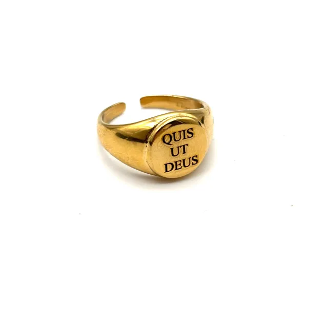 Ornamenta Quis Ut Deus anello chevalier acciaio dorato 15 mm