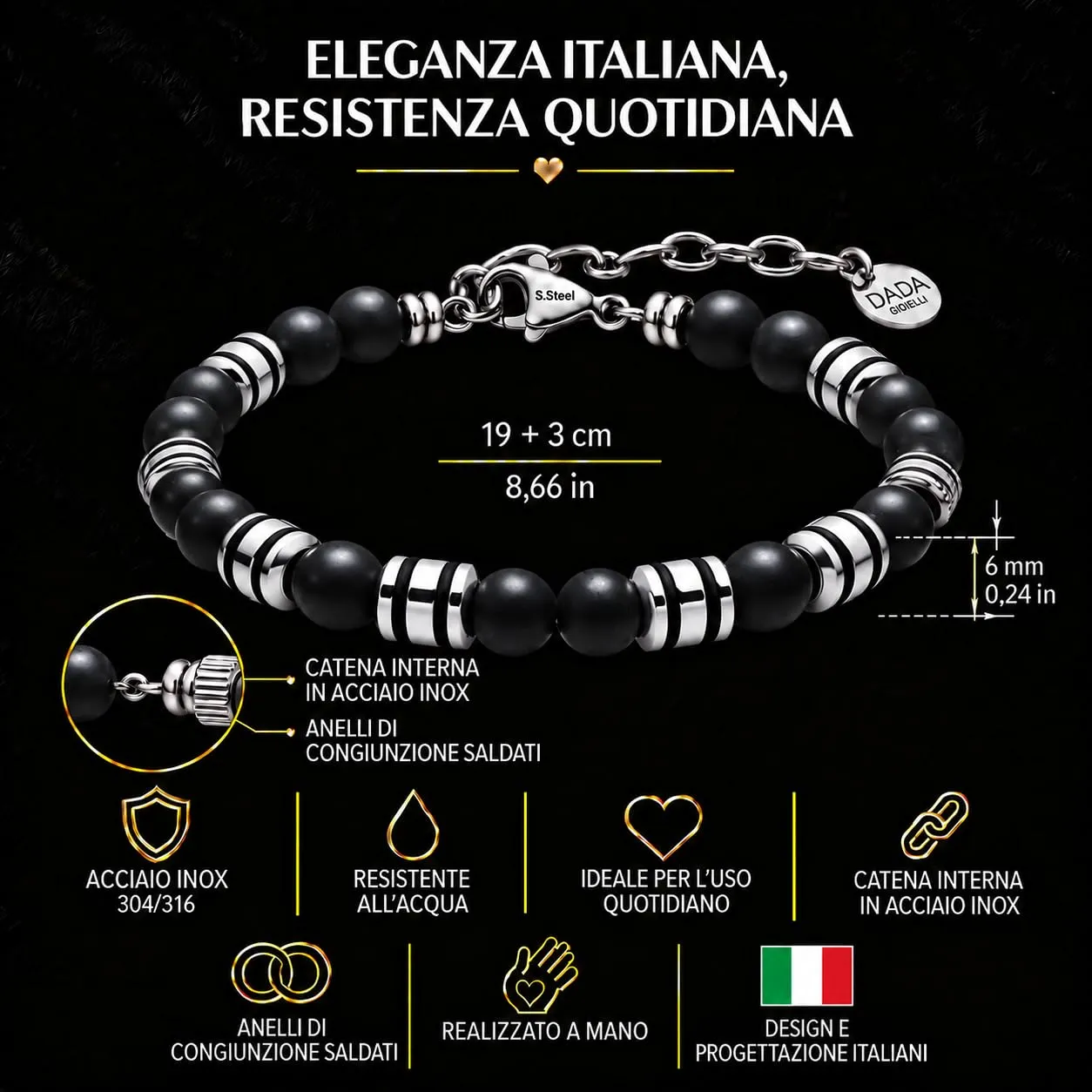 Dada Gioielli Bracciale Uomo Malachite Verde 6mm