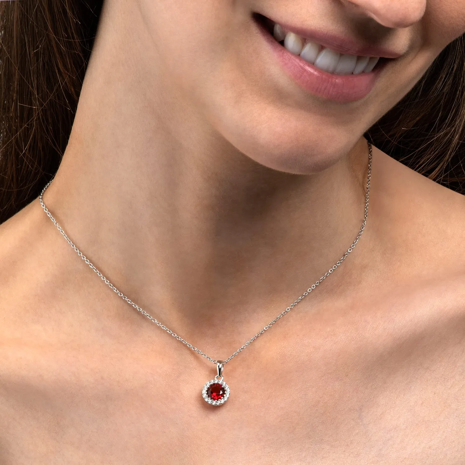 Diamond Treats Collana Argento 925 Halo Zirconia Rossa