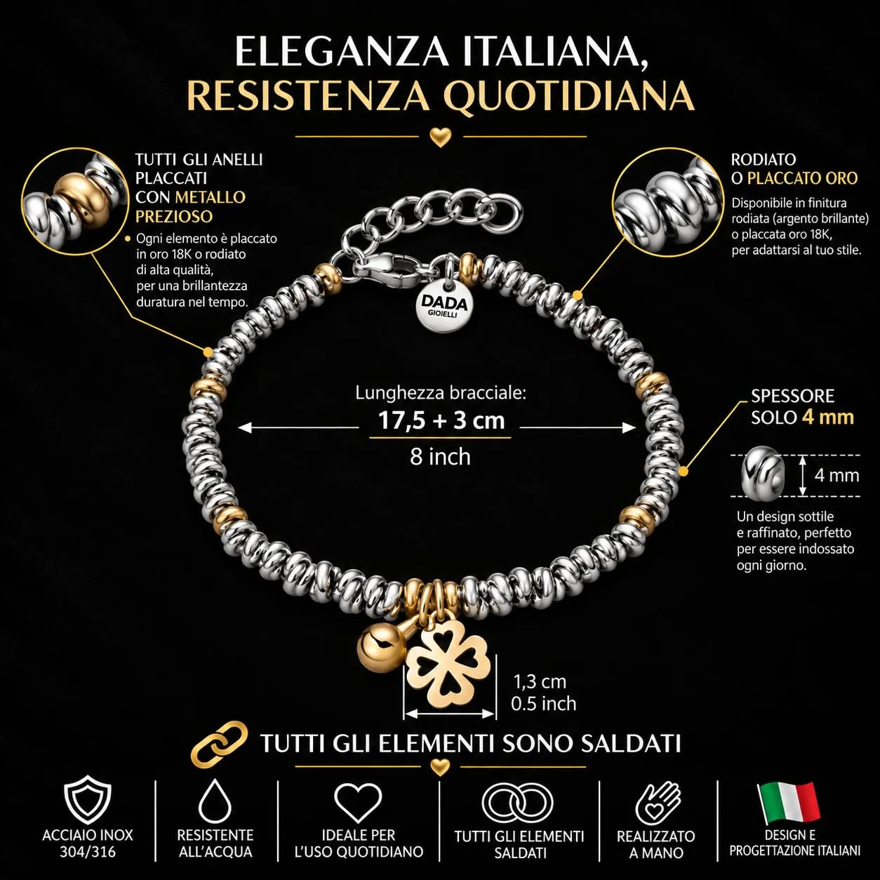 Dada Gioielli Bracciale Anelli Intrecciati Quadrifoglio Gold Acciaio